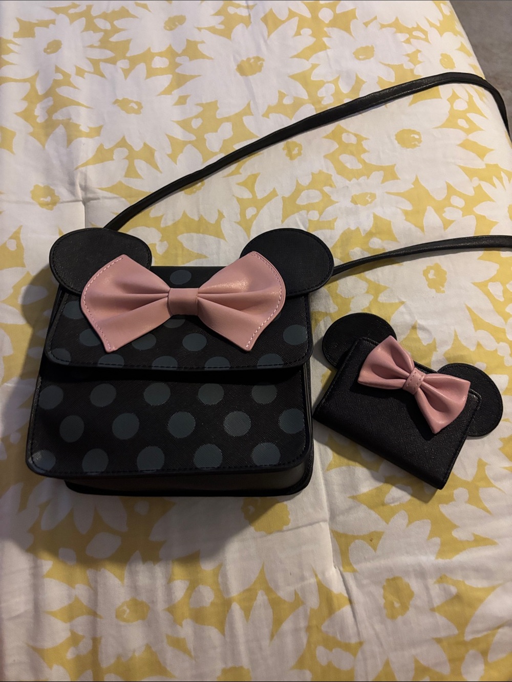 Black Polka Dot Crossbody Bag with Pink Bow